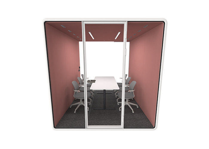 A modular soundproof office pod with 4-6 person capacity, laminated glass, and high-efficiency sound insulation for a quiet workspace